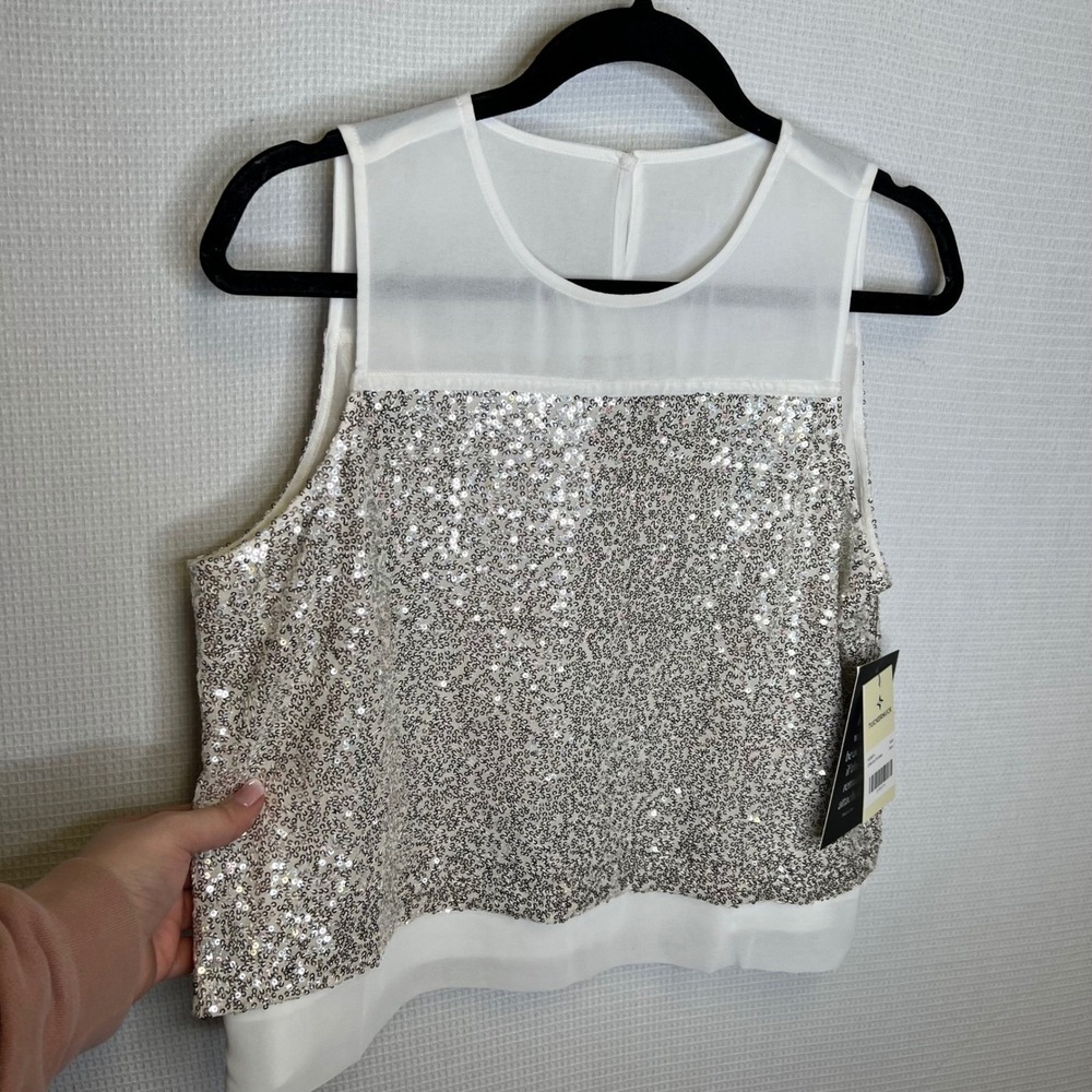 Tuckernuck Womens Silver Sequin Edith‎ Mesh Yoke Sleeveless Top XS NEW